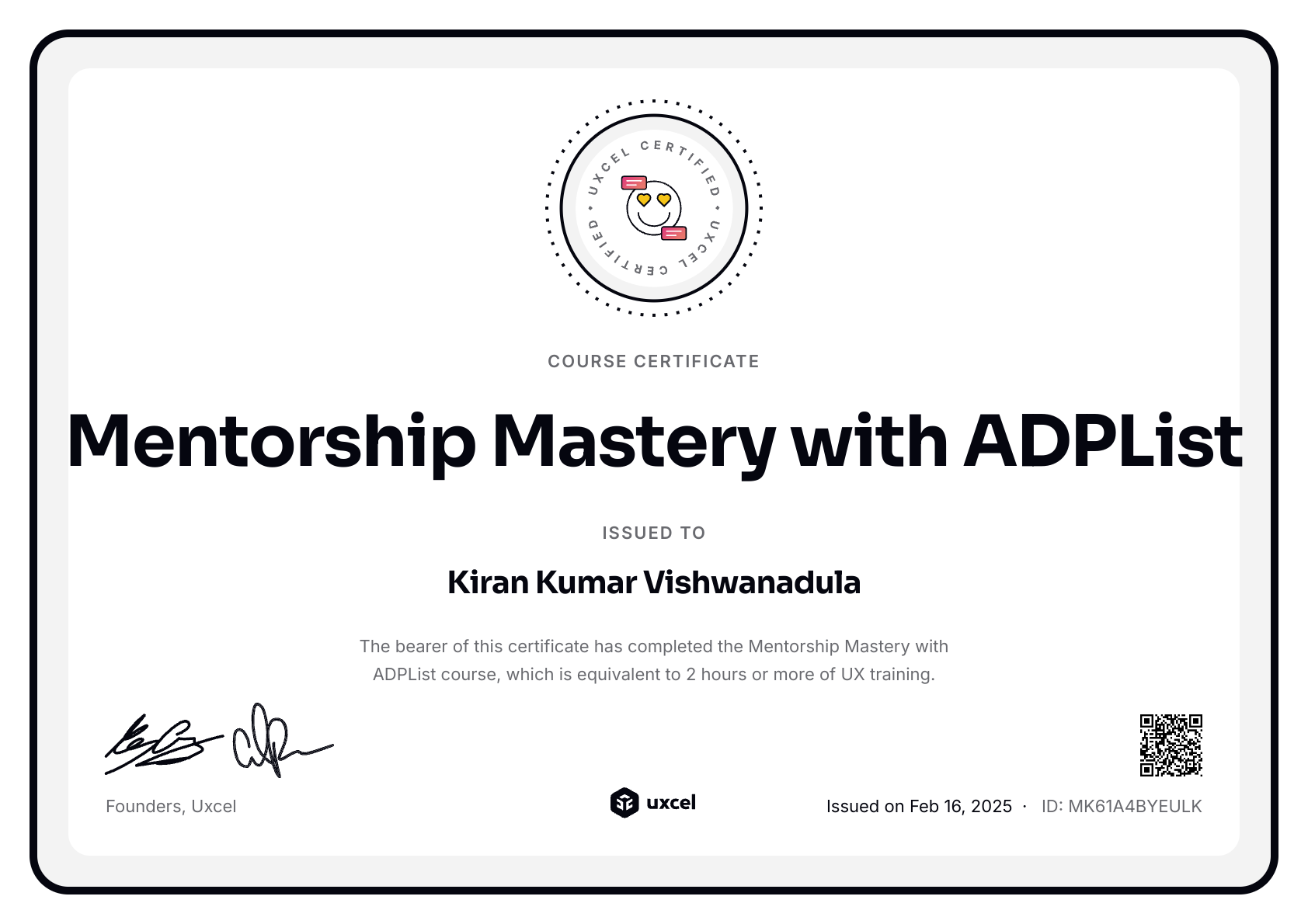 Kiran Kumar Vishwanadula's certificate